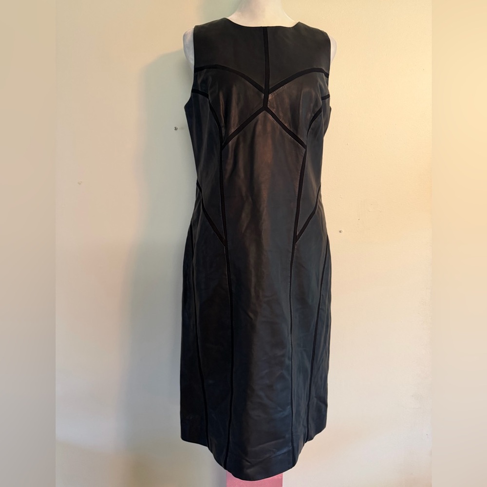 Hugo Boss Black Sleeveless Leather Sheath Dress